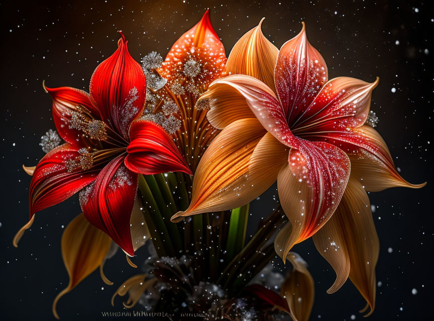 Vibrant digital artwork of red and orange lilies on a starry background