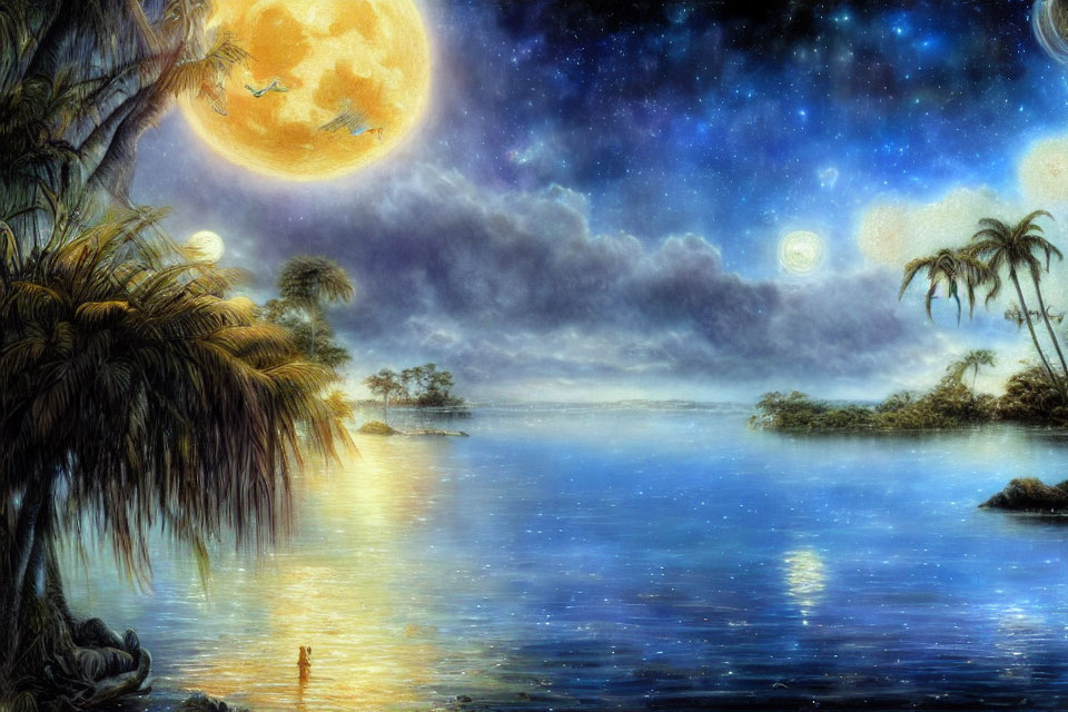 Tranquil nightscape with full moon, stars, palm trees, lake, and couple