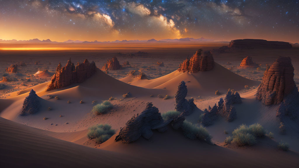 Twilight desert landscape with sand dunes, rock formations, sparse vegetation, and starry sky.