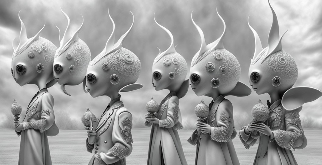 Five stylized humanoid figures with elongated heads holding ice cream cones against cloudy sky