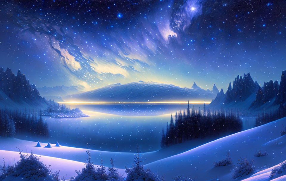 Snowy Night Sky Reflecting on Lake Amid Pine Trees & Mountains