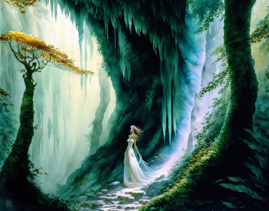 Sunlight illuminates mystical forest with woman in flowing white gown.