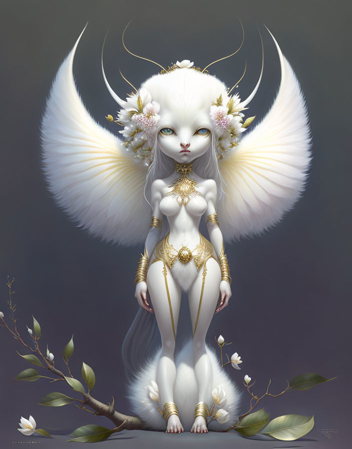 Fantastical white creature with feline traits and angelic wings on grey background