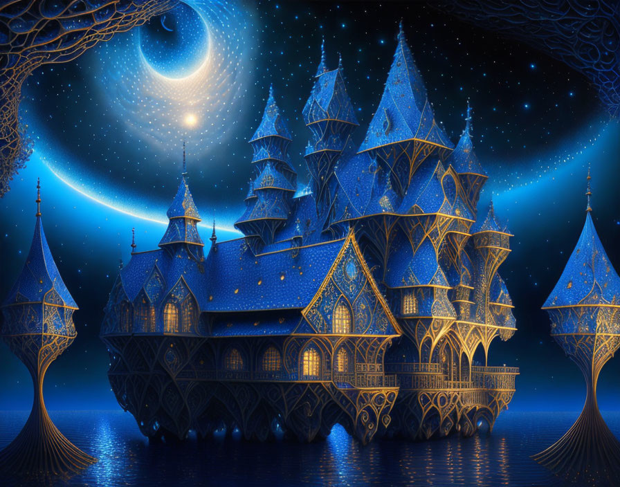 Enchanting fantasy castle night scene with intricate architecture