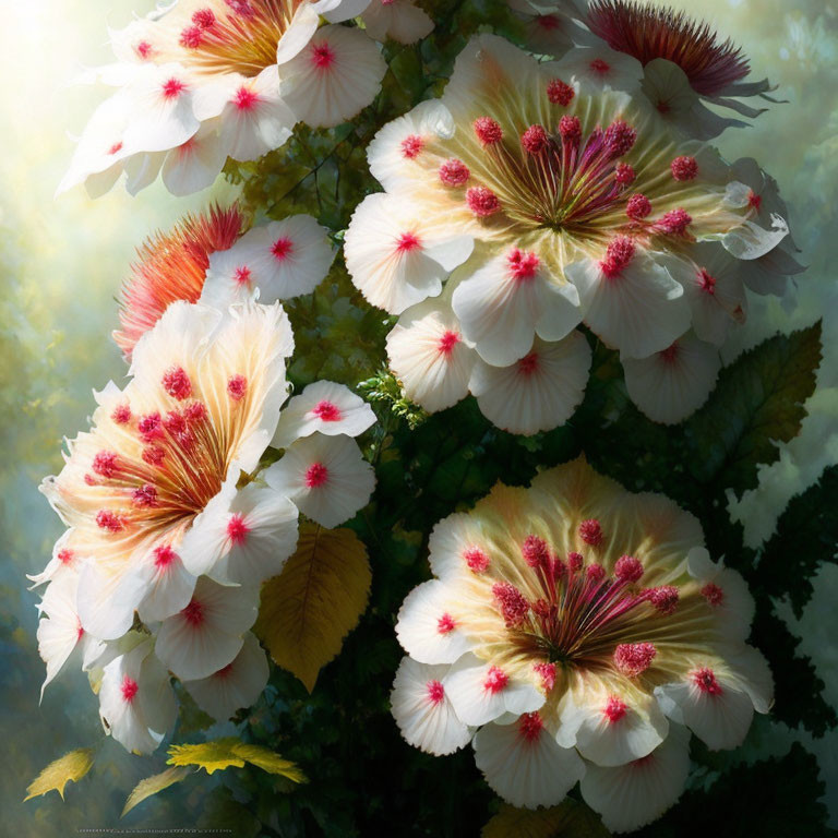 White Hibiscus Flowers with Pink and Red Stamens in Sunlight