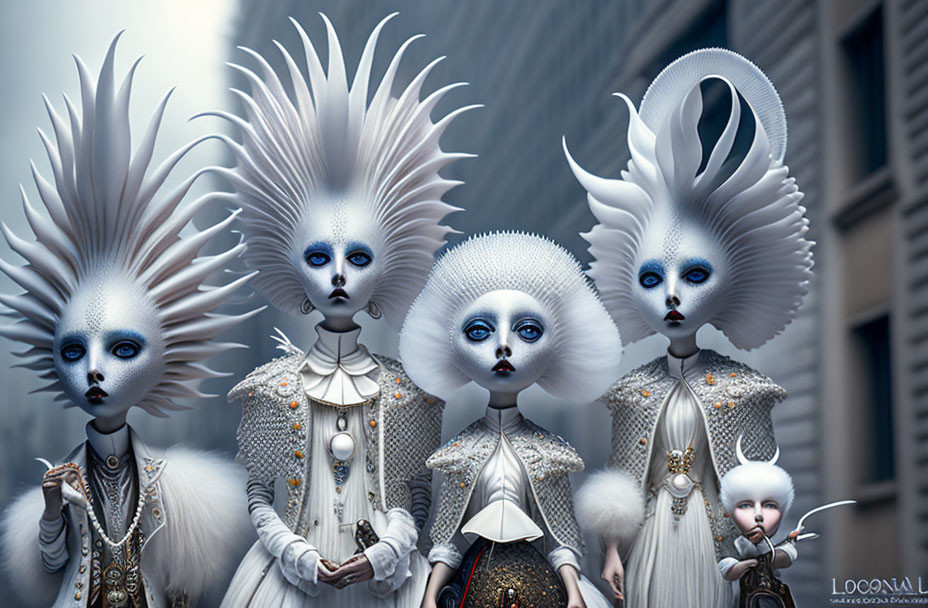 Five figures in futuristic attire with pale blue skin and white headpieces in front of a modern building.