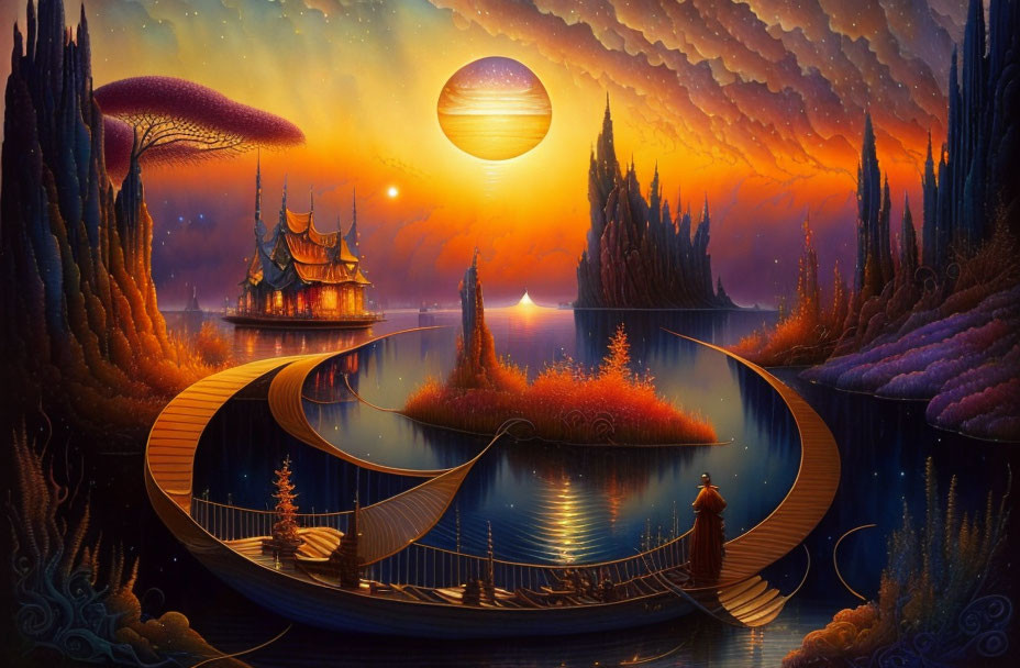 Fantastical landscape with ornate building, bridge, surreal vegetation, dramatic sunset, and large planet