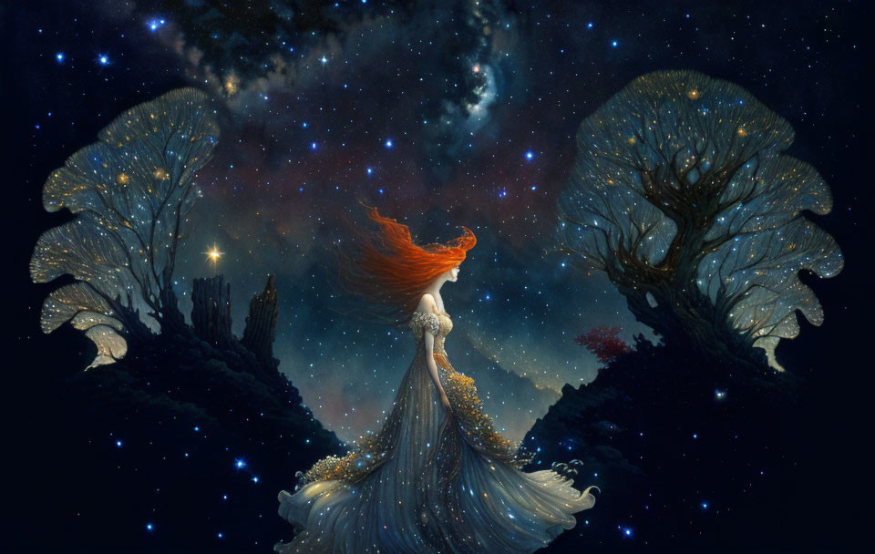 Red-haired woman in mystical forest under starry night sky.