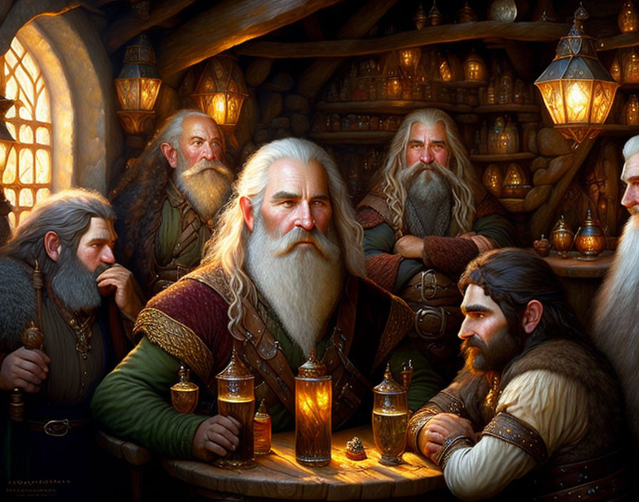 Animated dwarves enjoying ale in dimly-lit tavern