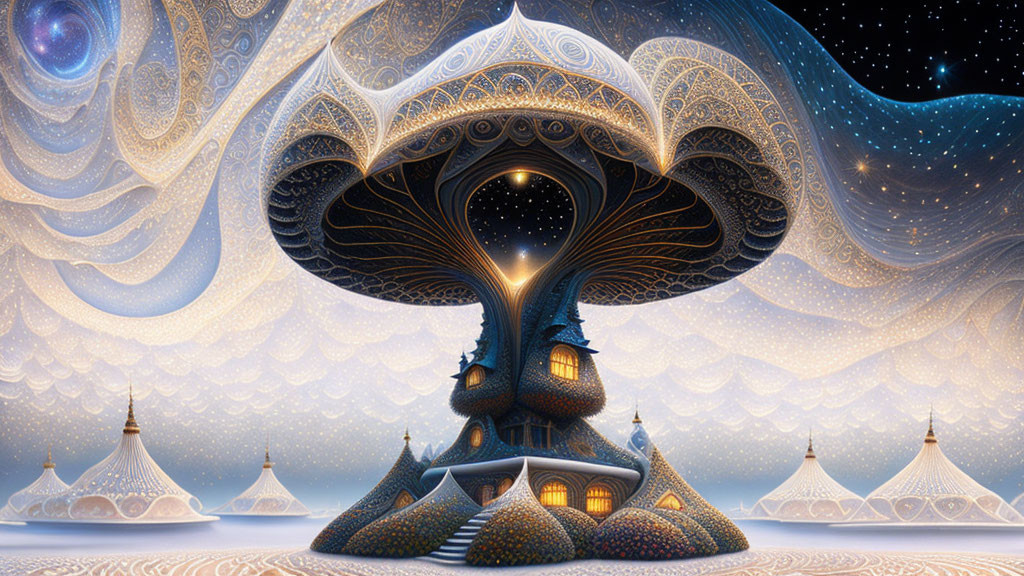 Surreal mushroom-shaped structure in fantasy landscape with tent-like buildings under starry sky