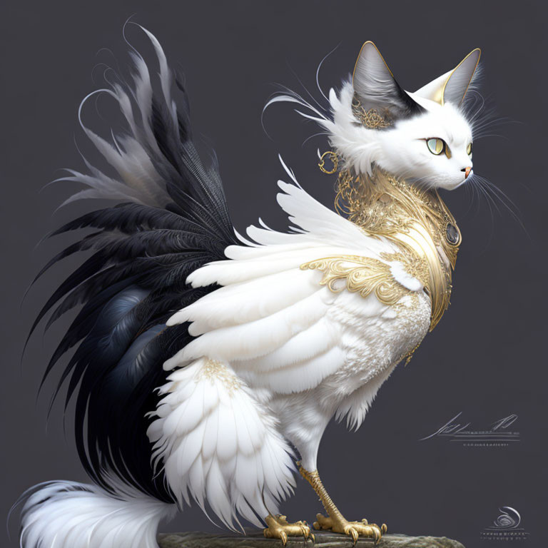 Majestic creature: White cat head, bird body, gold jewelry