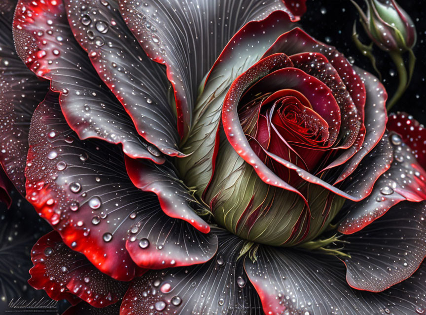 Detailed red and white rose with water droplets on dark background