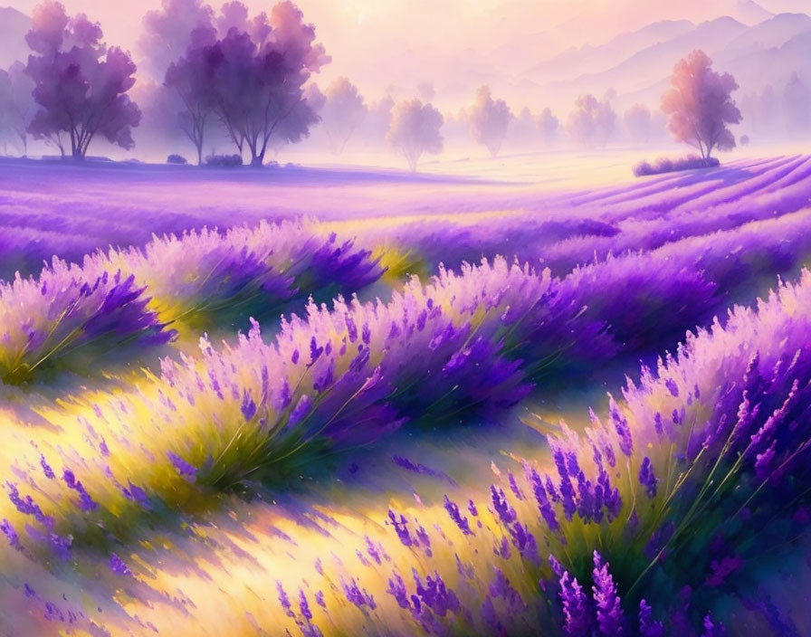 Tranquil lavender field with misty trees: A serene landscape