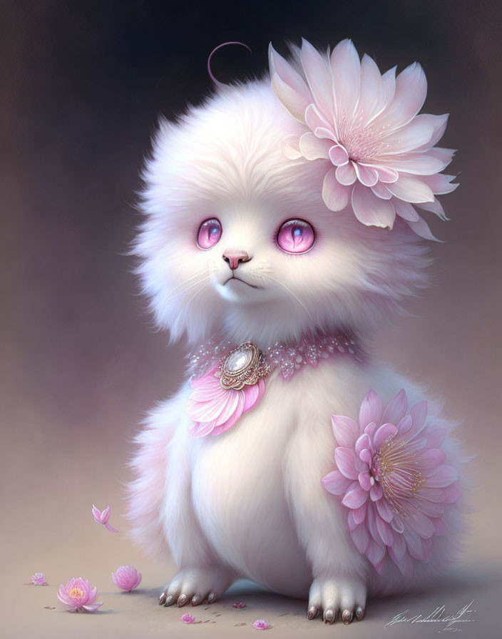 Fluffy White Kitten with Pink Eyes and Floral Necklace