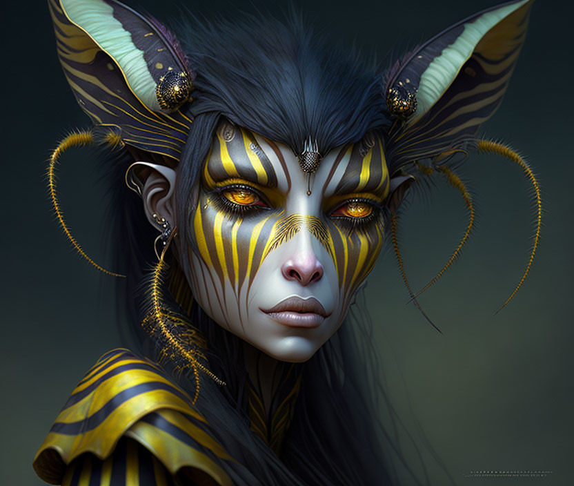 Fantasy portrait of female character with yellow and black stripes, pointed ears, antennae, and yellow