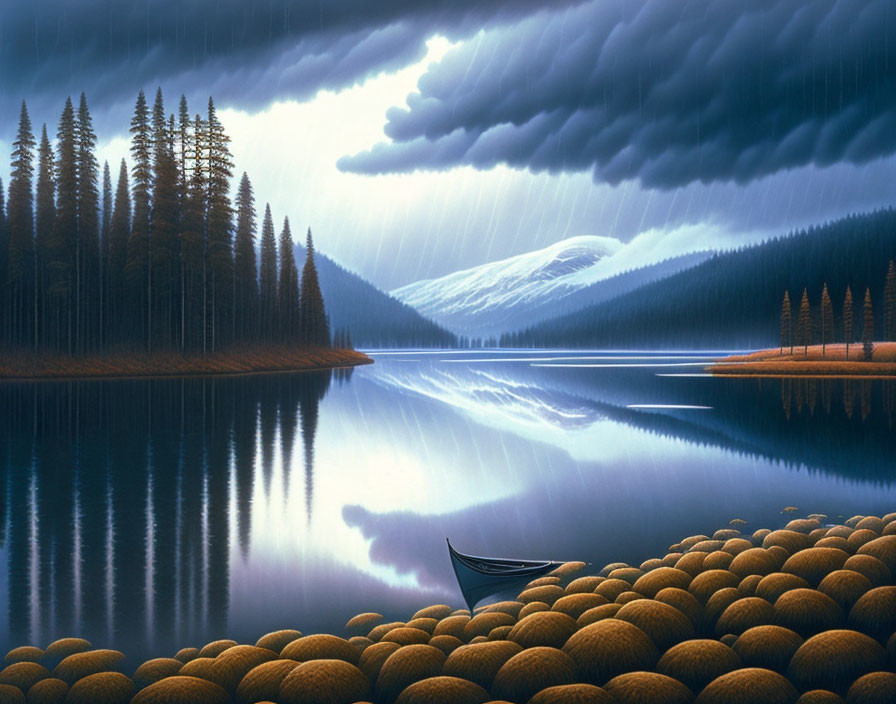 Tranquil lake scene with canoe, pine trees, and dramatic sky