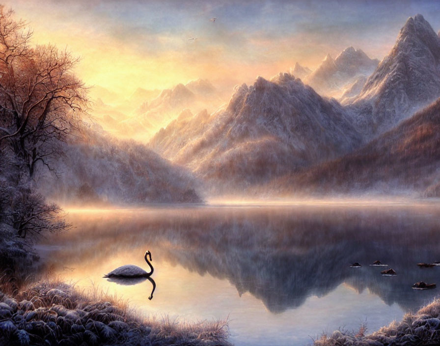 Misty Lake with Swan, Frosty Trees, and Snow-Capped Mountains at Dawn