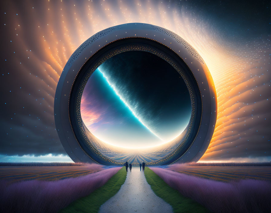 Surreal image of people walking towards massive ring structure