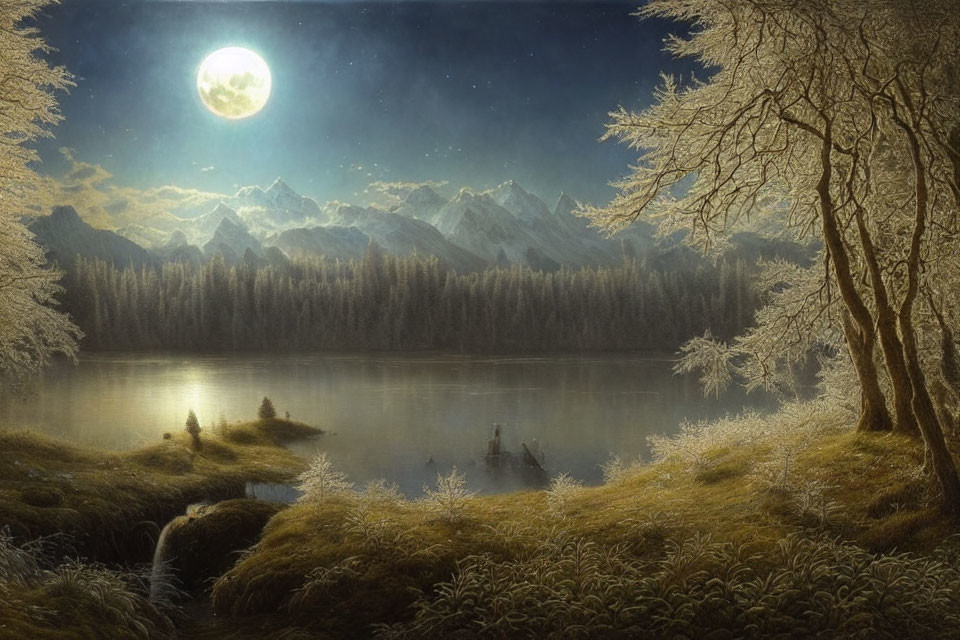 Serene full moon night scene with lake, frost-covered trees, mountains, and fisherman