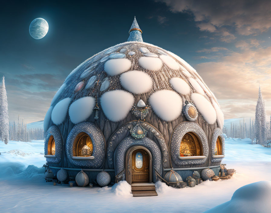 Dome-shaped house in snowy landscape with glowing windows