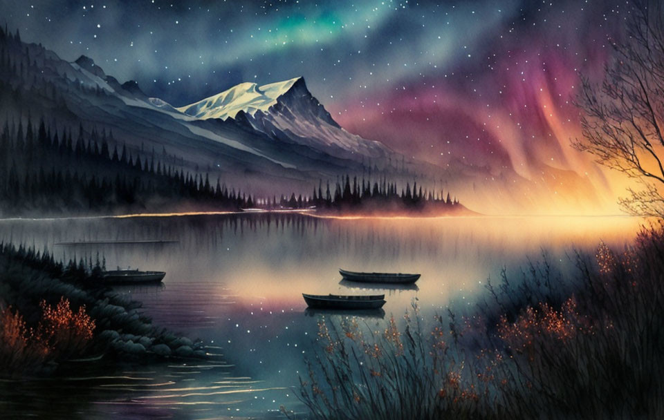 Snow-capped mountain and aurora-lit sky over serene lake landscape