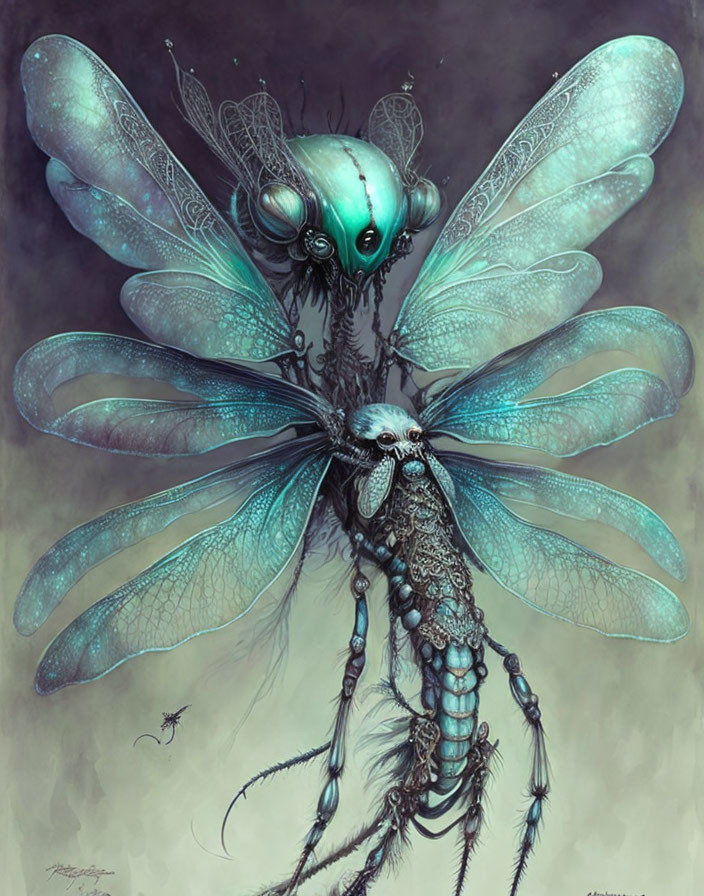 Surreal dragonfly with humanoid skull body and mechanical wings in muted colors