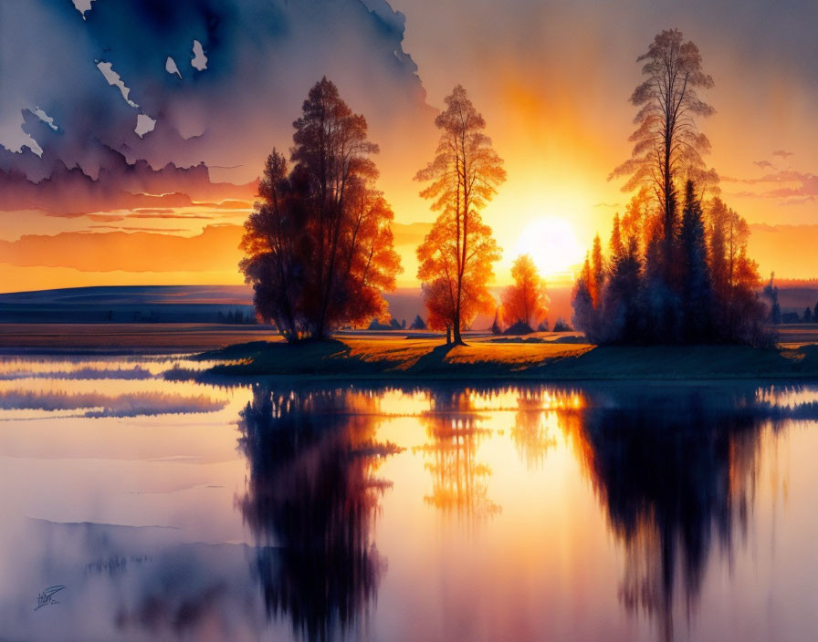 Tranquil sunset over calm lake with orange hues and silhouetted trees