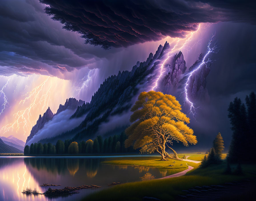 Dramatic landscape: lightning storm, glowing tree, tranquil lake