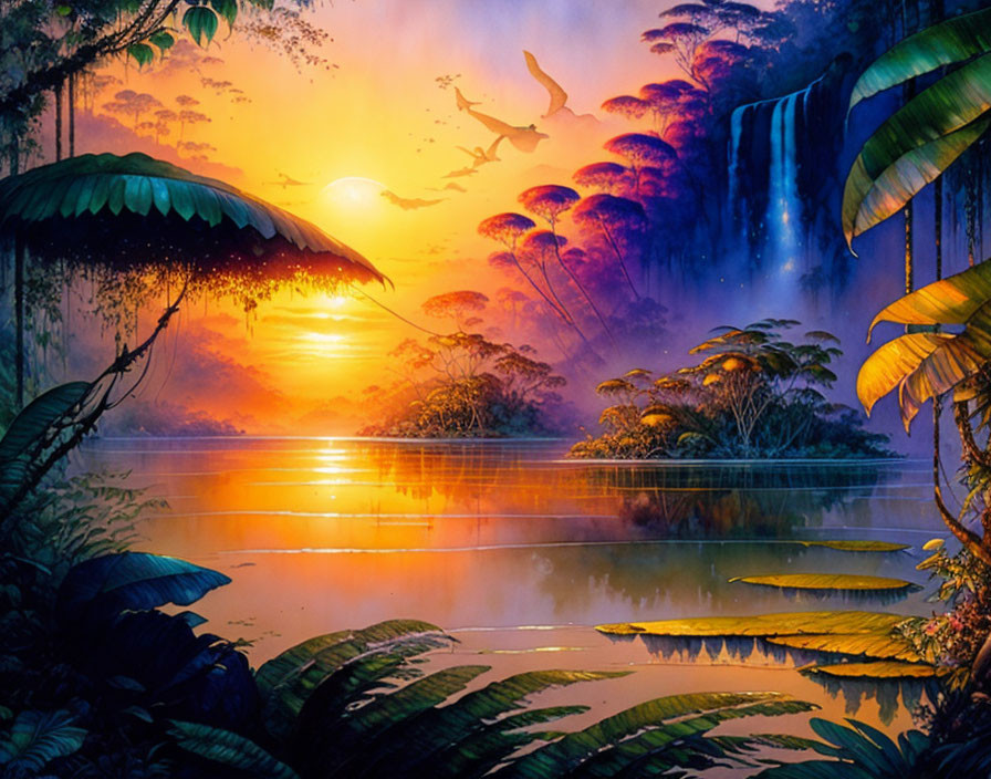 Tropical sunset with waterfall, birds, lush foliage, and river