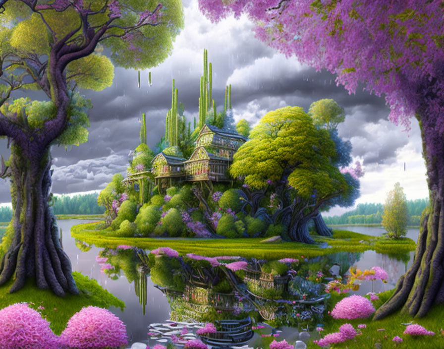 Vibrant fantasy landscape with reflective lake, whimsical castle, and colorful flora