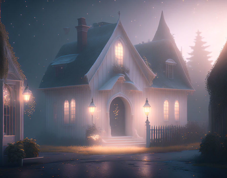 Cozy house in warm twilight glow under starry sky & foggy ambiance