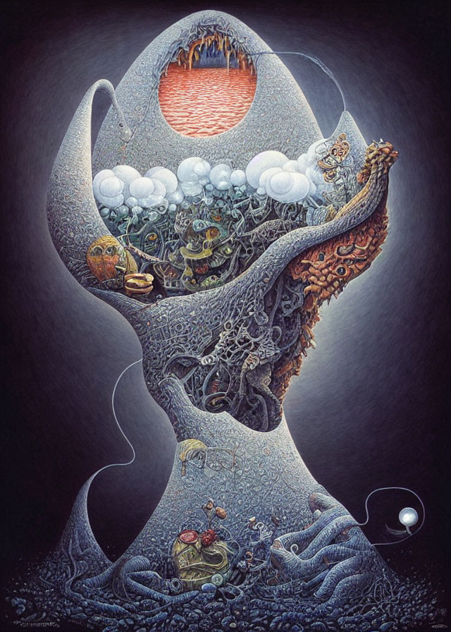 Surrealistic painting of figure with intricate details under red sun