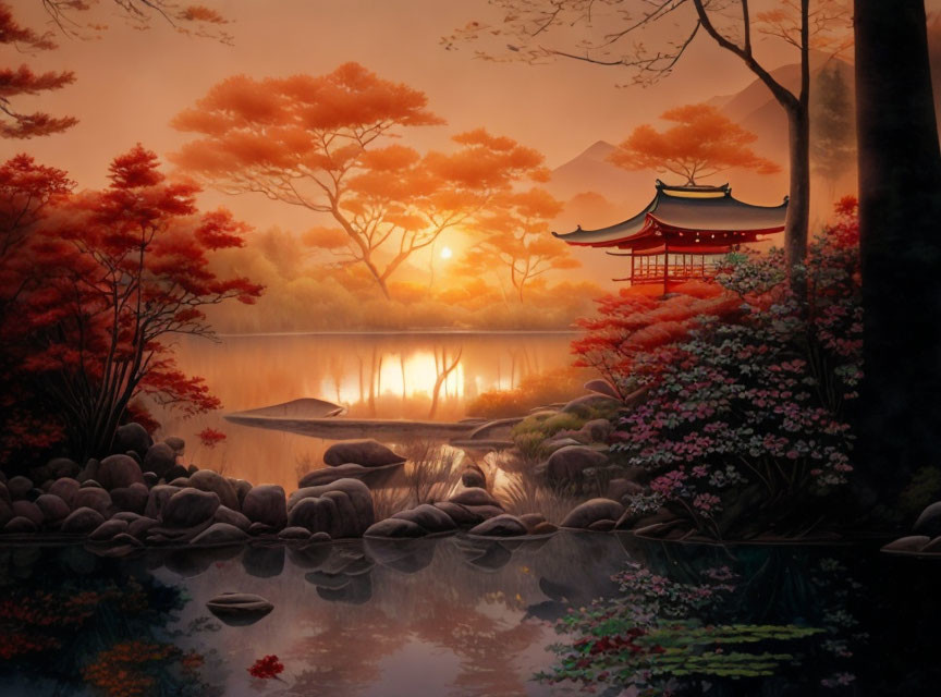 Tranquil sunset over traditional pavilion by calm lake