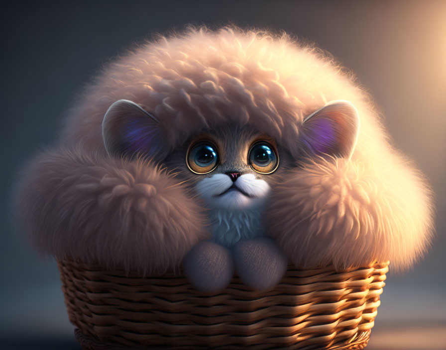 Fluffy cartoonish creature in wicker basket with expressive eyes