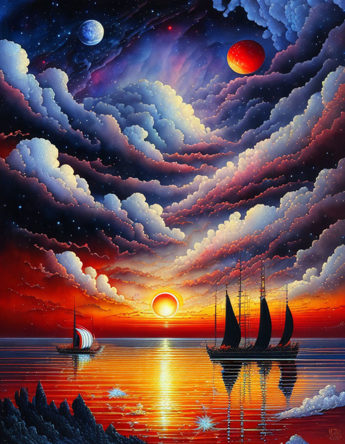 Sailing ships at sunset with moon, red planet, and vibrant sky