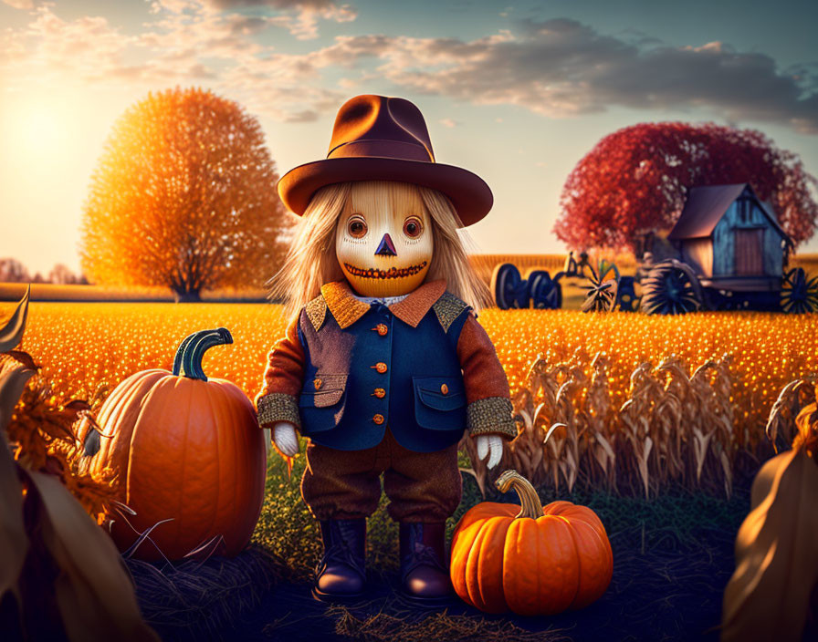 Scarecrow illustration in blue coat and brown hat in pumpkin patch