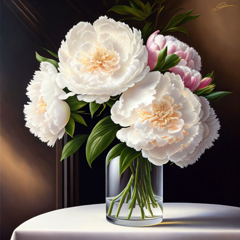 White and Pink Peonies in Glass Vase on Table Against Dark Background