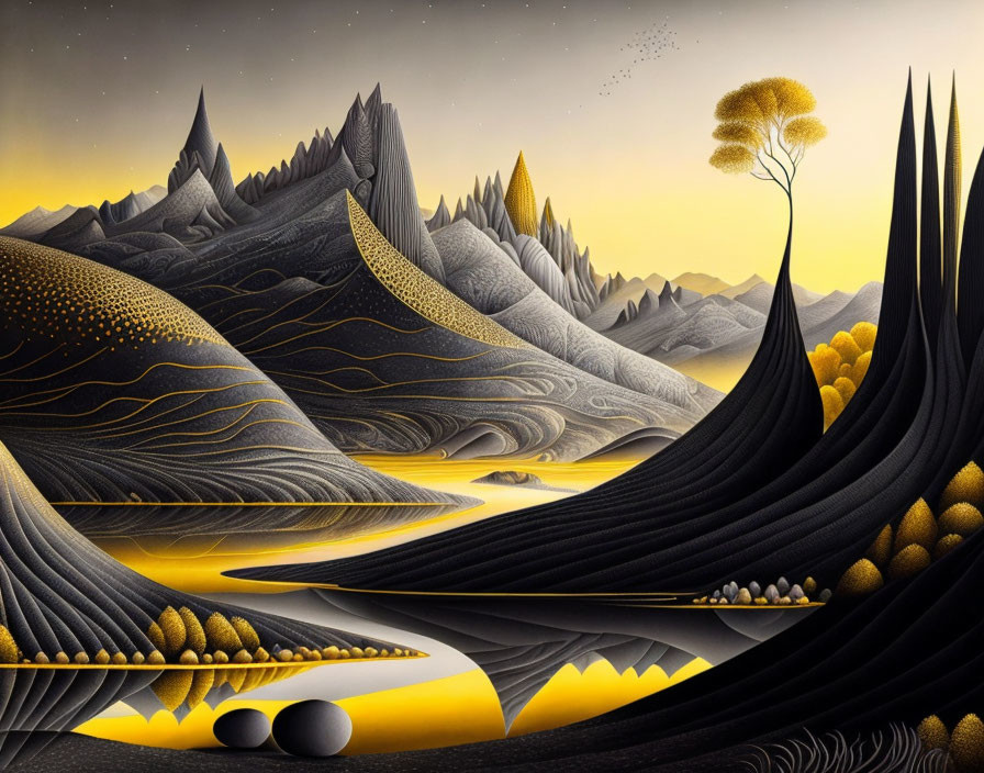 Stylized surreal landscape with golden mountains and lone tree