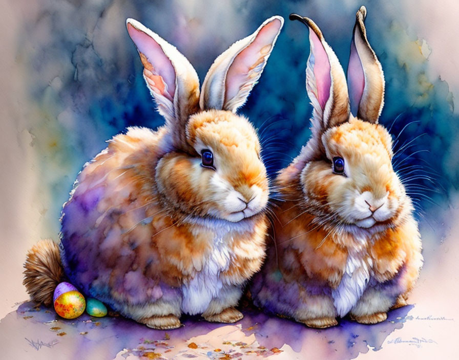 Illustrated rabbits with Easter egg on watercolor background