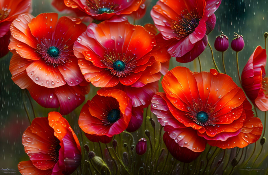 Vibrant red poppies with water droplets in the rain against a mix of blooming flowers