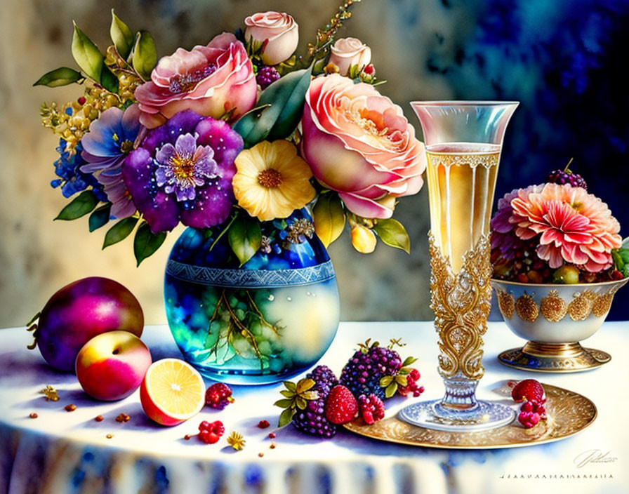 Colorful flower bouquet, fruits, berries, and glass in vibrant still life.