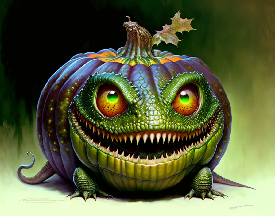 Illustration of pumpkin with reptilian traits on green background