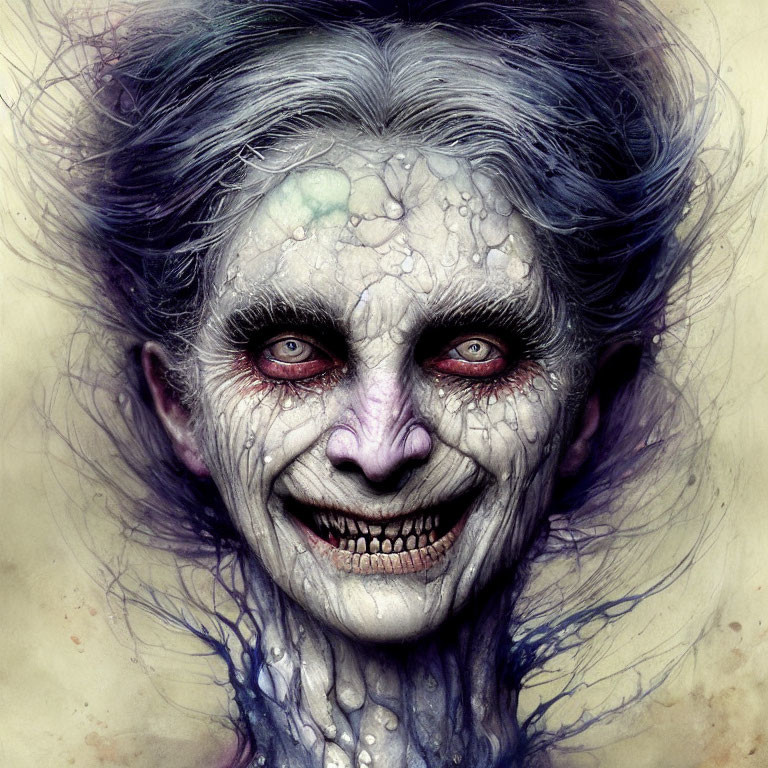 Detailed Illustration of Character with Clown-Like Makeup and Red Eyes