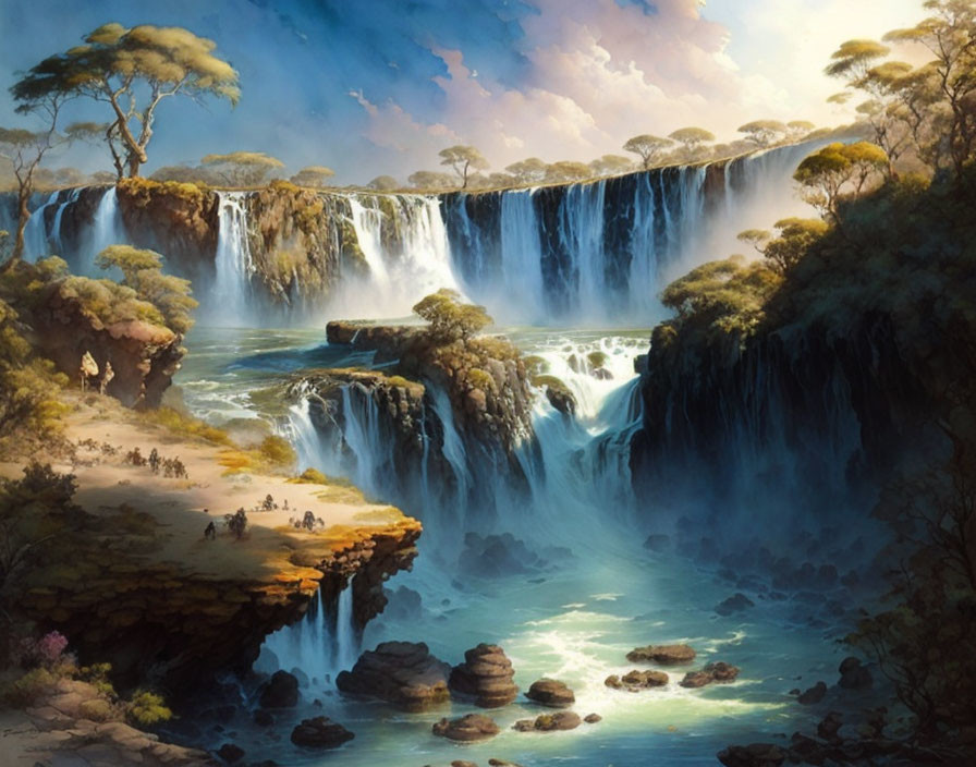 Scenic waterfall in lush landscape with rivers and sky