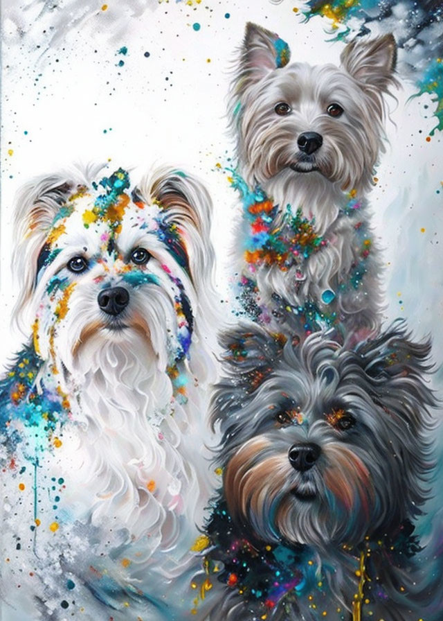 Colorful, whimsical dogs in splatter-paint style on starry background