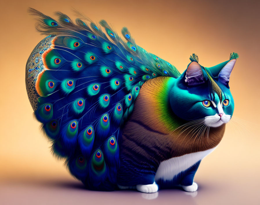 Colorful Peacock Feather Cat Illustration on Warm Background