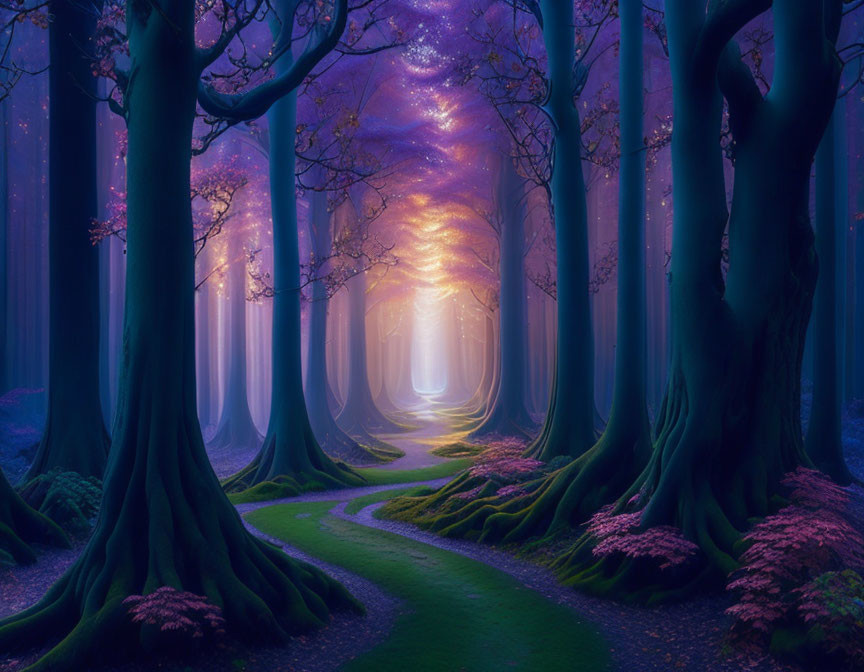 Enchanting forest path with towering trees and purple foliage