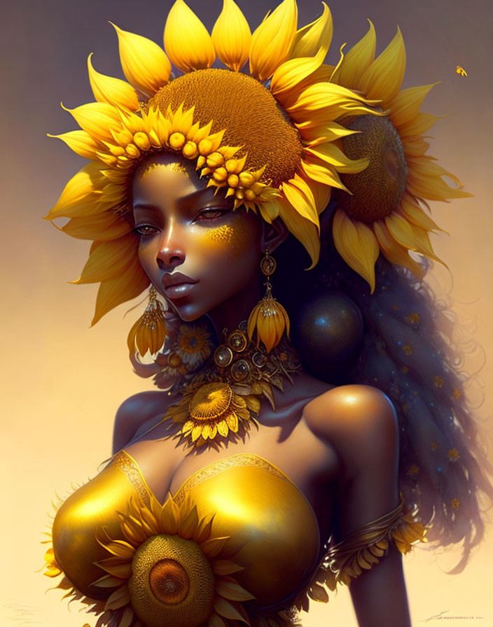 Woman adorned with sunflower-themed elements in warm tones