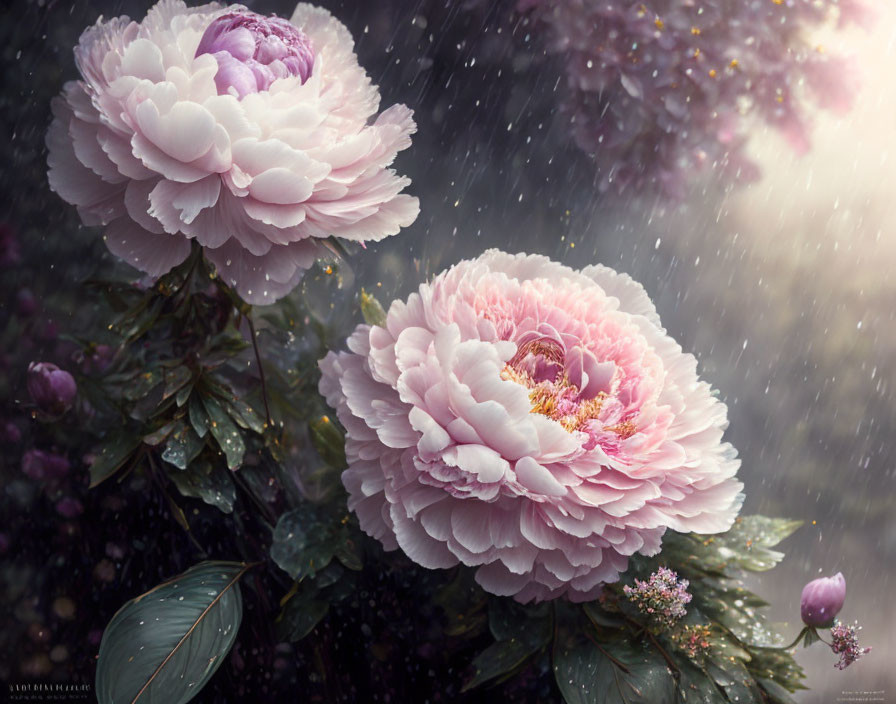 Vibrant pink peonies with water droplets in soft rainy light