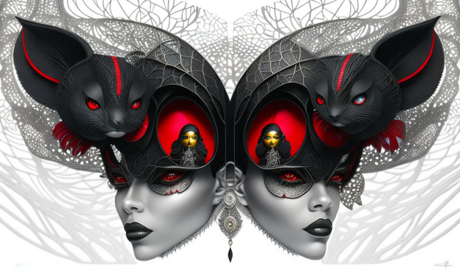 Symmetrical Woman's Face Artwork with Mirrored Black Cats